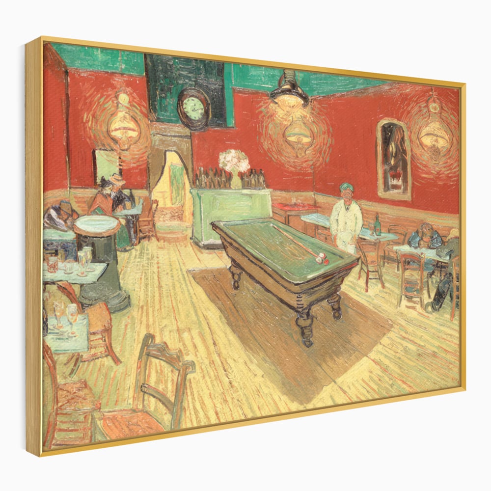 Tablou canvas cu reproducere pictura biliard intr-un bar, in rama de aluminiu auriu